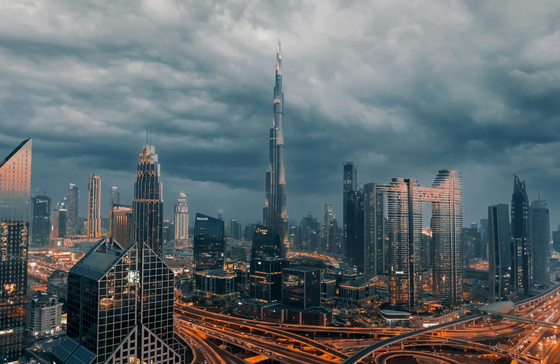 Dubai skyline at dusk with Burj Khalifa and Downtown Dubai
